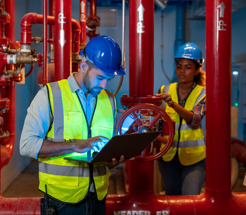 two technicians inside fire protection room of commercial building