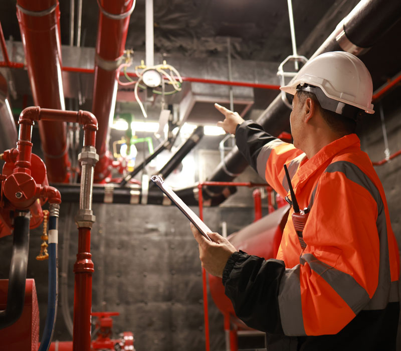 technician inside fire protection room of commercial building